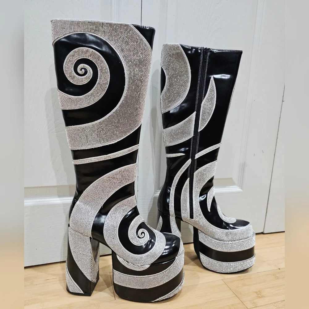 Dolls Kill Current Mood How Sweet It Is Platform Rhinestone Swirl Black Boots 8 - Picture 2 of 16